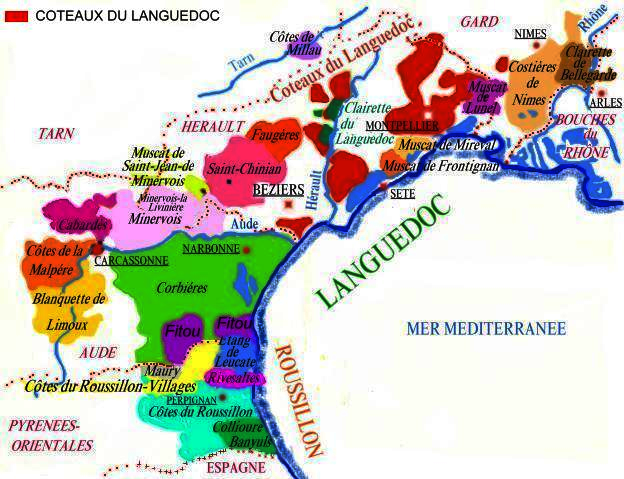carte des régions viticoles de Languedoc-Roussillon